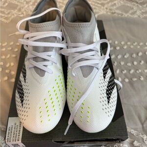 Adidas Kids White and Gray Soccer Cleats with Neon Accents